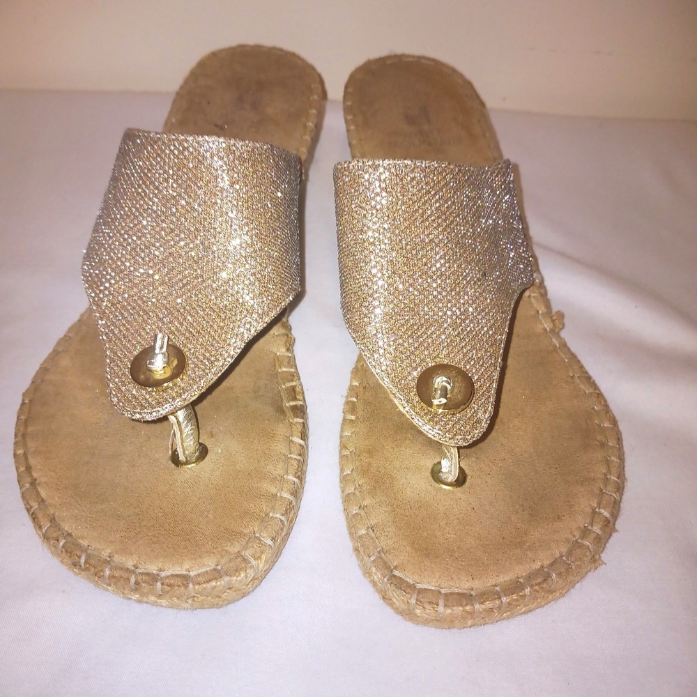 White Mountain Natural rope Beachball Gold Glitter Espadrille Wedge Sandals 8.5